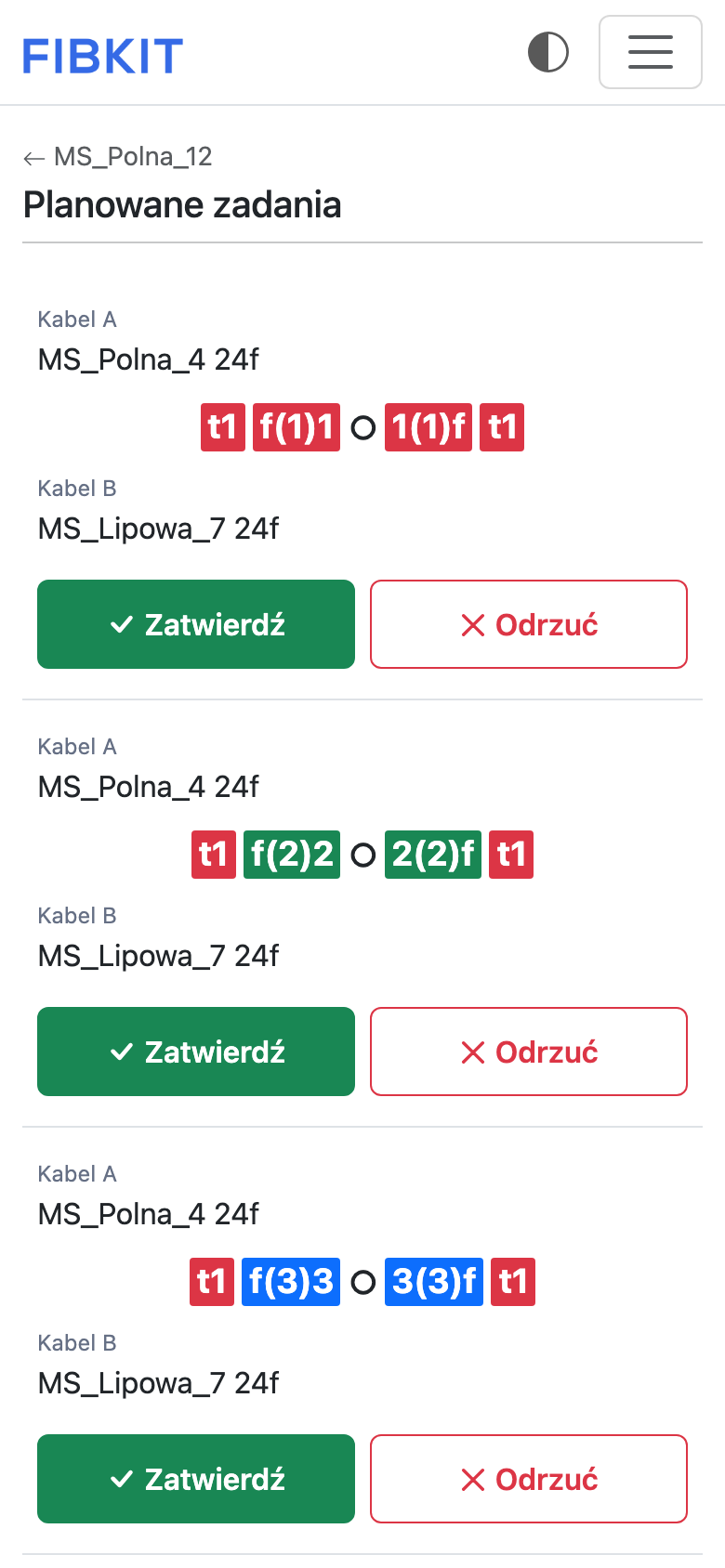 Planowane spawy w mufie – widok mobilny dla technika